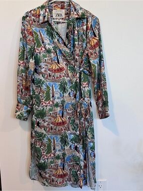 Zara Collection Pleated Paris Print Midi Shirt Dress Large Limited Edition S